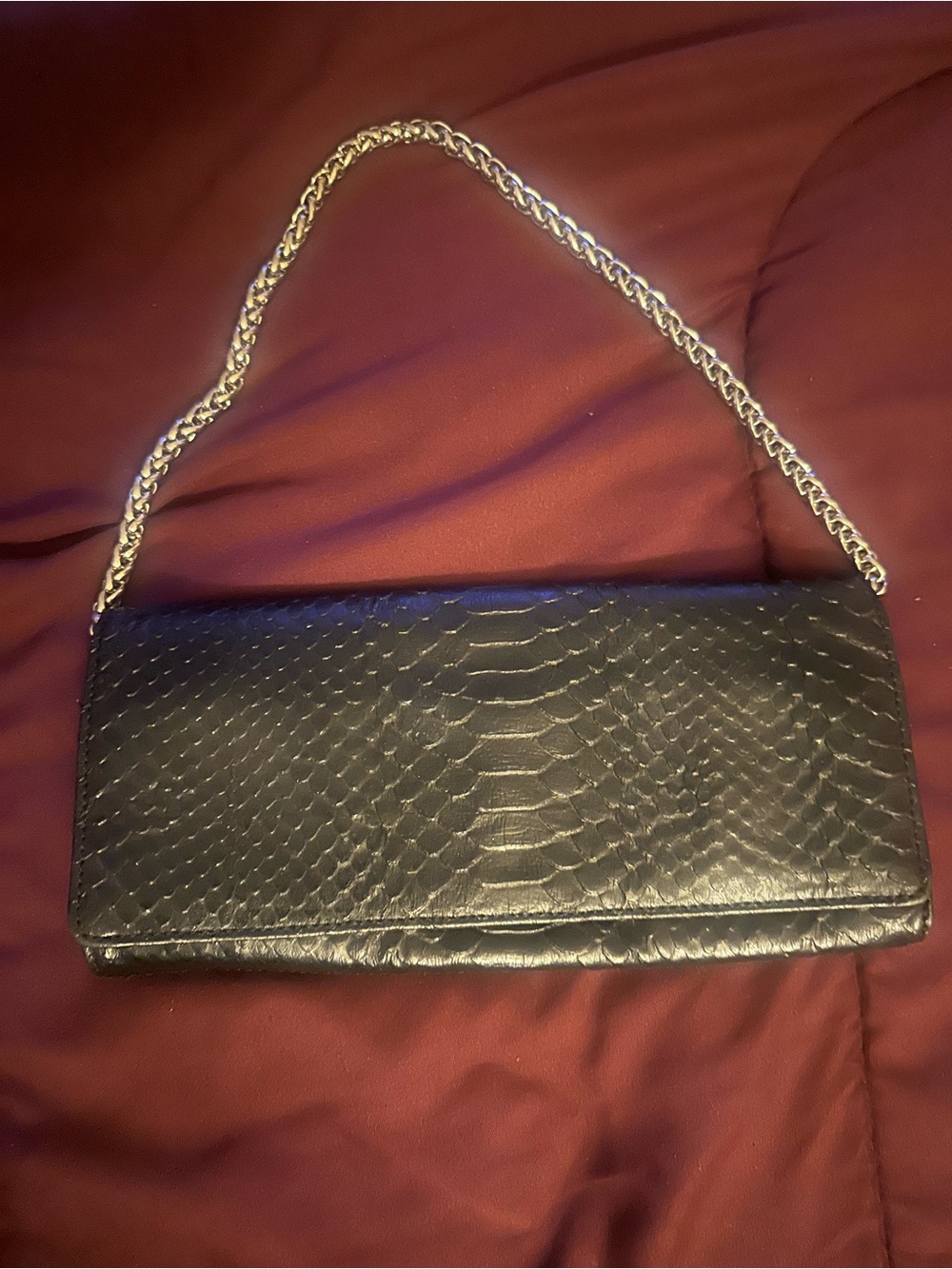Valerie Stevens Black Snake-Embossed Clutch with Silver Chain